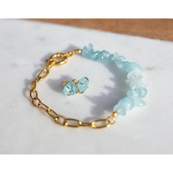 BUNDLE GENUINE AQUAMARINE stud earrings & gemstone statement bracelet waterproof - Picture 1 of 12